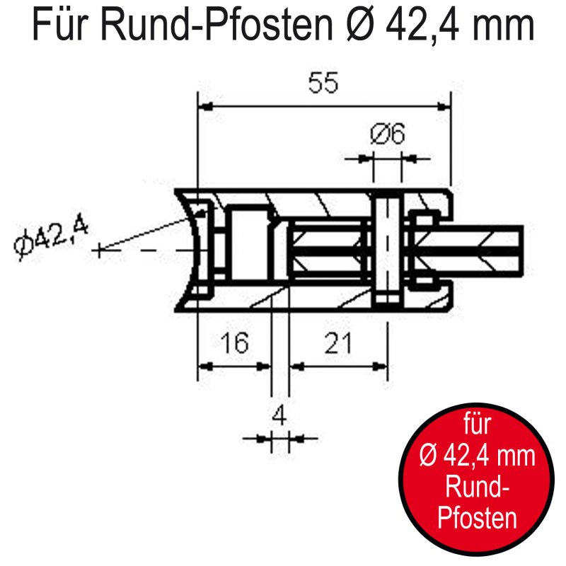 Skizze Glasklemmen / Glashalter 55 x 55 x 26 mm, eckig, mit ⌀ 42,4 mm Rundrohr-Anschluss