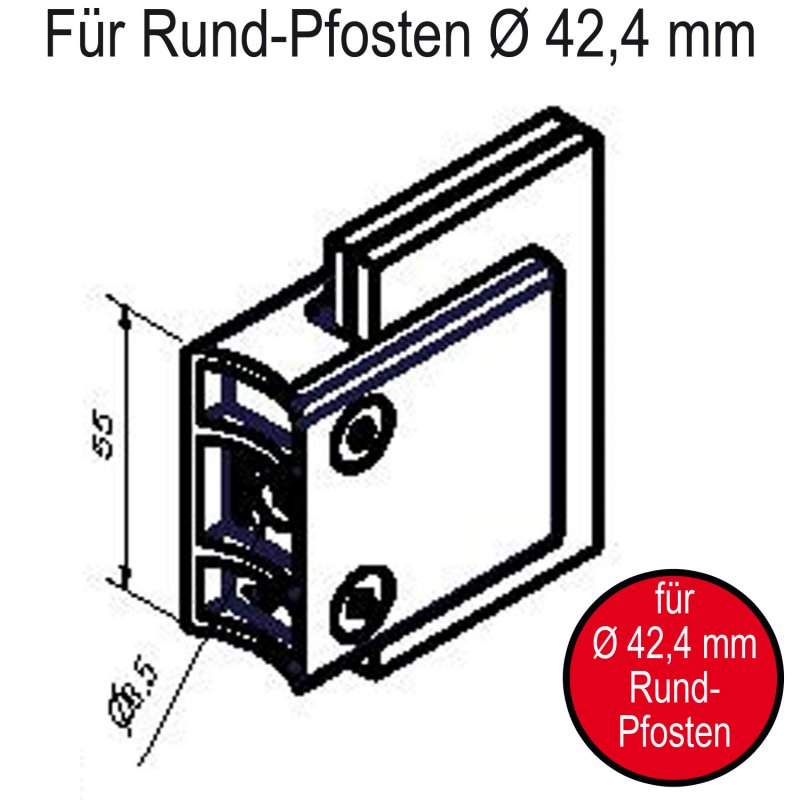 Skizze Glasklemmen / Glashalter 55 x 55 x 26 mm, eckig, mit ⌀ 42,4 mm Rundrohr-Anschluss