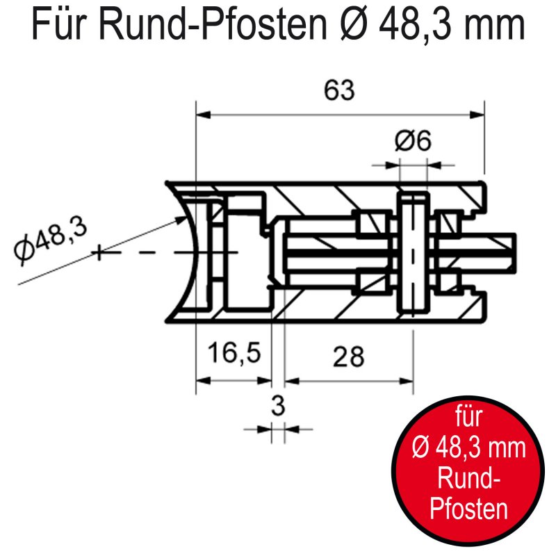 Skizze Glasklemmen / Glashalter 63 x 45 x 30 mm, halbrund, mit ⌀ 48,3 mm Rundrohr-Anschluss