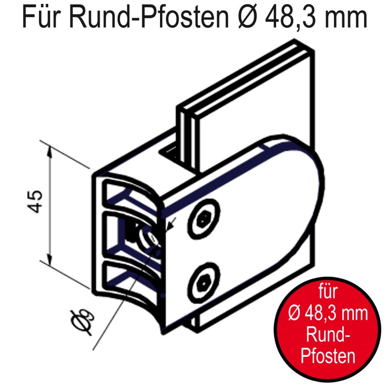 Skizze Glasklemmen / Glashalter 63 x 45 x 30 mm, halbrund, mit ⌀ 48,3 mm Rundrohr-Anschluss