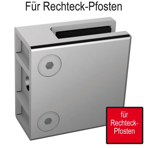 Glasklemme, gerader Anschluss. 55 x 55 x 26 mm, eckig, inklusive herausnehmbaren Sicherungsstift. Edelstahl, geschliffen 