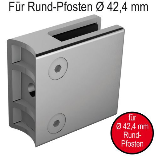 Glasklemme mit ⌀ 42,4 mm Rundrohr-Anschluss. 55 x 55 x 26 mm, eckig, inklusive herausnehmbaren Sicherungsstift. Edelstahl, geschliffen 