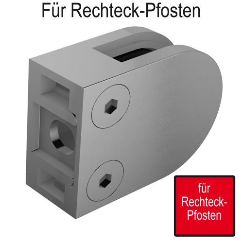 Glasklemme, gerader Anschluss. 63 x 45 x 30 mm, halbrund, inklusive herausnehmbaren Sicherungsstift. Edelstahl, geschliffen 