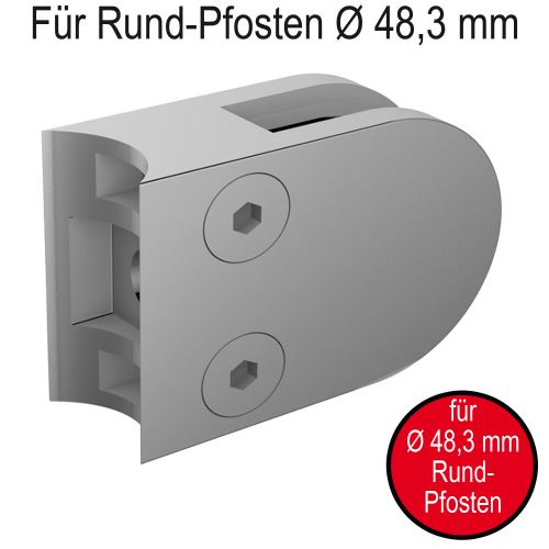 Glasklemme mit ⌀ 48,3 mm Rundrohr-Anschluss. 63 x 45 x 30 mm, halbrund, inklusive herausnehmbaren Sicherungsstift. Edelstahl, geschliffen 