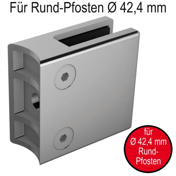 Glasklemme mit ⌀ 42,4 mm Rundrohr-Anschluss. 55 x 55 x 26 mm, eckig, inklusive herausnehmbaren Sicherungsstift. Edelstahl, geschliffen   