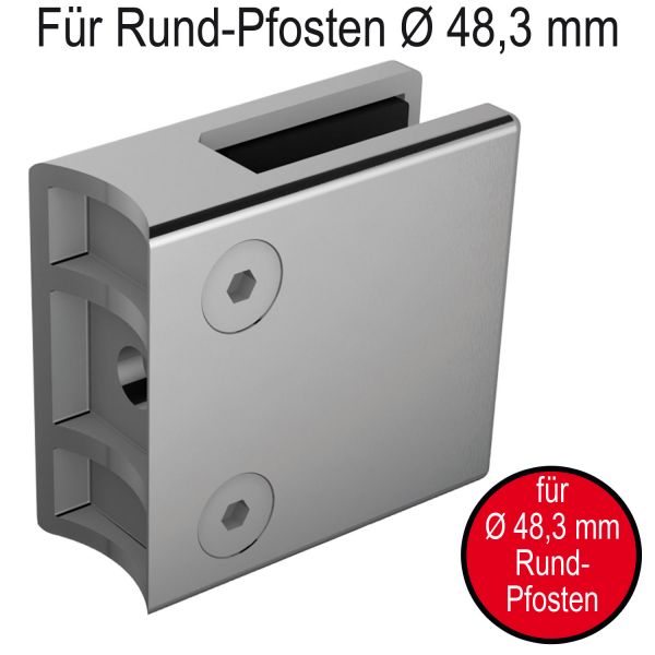 Glasklemme mit ⌀ 48,3 mm Rundrohr-Anschluss. 55 x 55 x 26 mm, eckig, inklusive herausnehmbaren Sicherungsstift. Edelstahl, geschliffen   