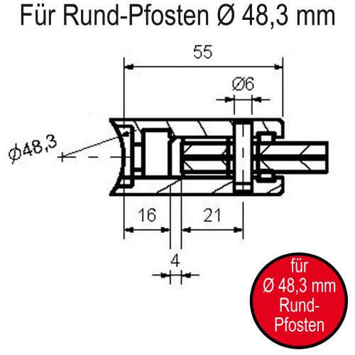 Glasklemme mit ⌀ 48,3 mm Rundrohr-Anschluss. 55 x 55 x 26 mm, eckig, inklusive herausnehmbaren Sicherungsstift. Edelstahl, geschliffen  Vorschaubild #2